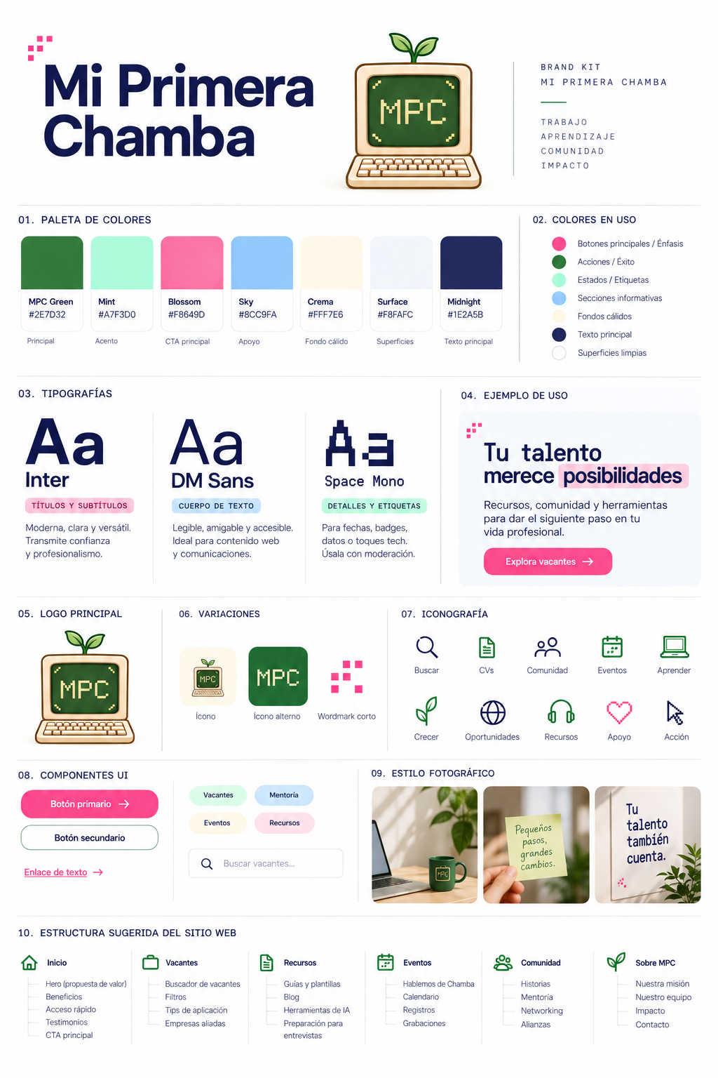 Brand kit de Mi Primera Chamba con paleta de colores, tipografías y logo